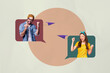 © deagreez - Zine banner full photo pop collage of happy girl guy peek communication bubble distance correspondence chat dialogue phrase