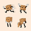 © Zhangxiao - Dynamic delivery box characters in vintage rubber hose style showing running jumping carrying and packing for logistics service vector set