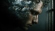 © Jam - A man with curly hair and stubble is shown in profile, his head filled with stormy clouds