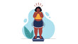 © Mary - Shocked and anxious African American plus-size woman standing on a bathroom scale, concerned about her weight and body image.