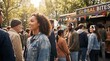 © peacefy - A bustling scene unfolds at an outdoor food festival, with diverse people. The vibrant scene is set against a backdrop of a food truck. Capturing the dynamic atmosphere of street food culture.