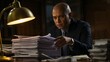 © Future Vision - Leaning middle-aged man in dark suit sorting paperwork at wood-paneled office, with brass lamp