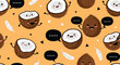 © Mahi - Funny coconut character pattern showing smiling whole and half coconut fruits with speech bubbles on an orange background.