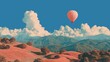 © Alexandre - Montgolfière rose flottant au-dessus de collines ocre et montagnes bleutées sous un ciel nuageux