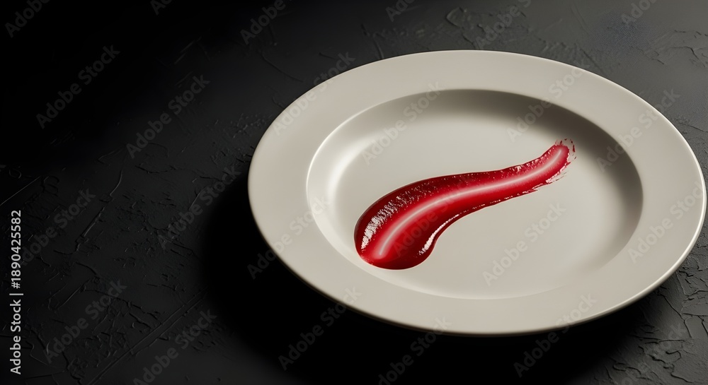 Minimalist empty plate with artistic sauce brush stroke photographed in dark luxury style for restaurant marketing backgrounds.