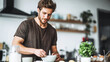 © Bonsales - Young man preparing a healthy breakfast in a modern kitchen, focused on cooking nutritious food for a balanced lifestyle