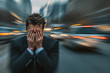 © EricMiguel - Anxious businessman covering his face in blurred speeding city traffic — tense portrait of urban stress, overwhelm, panic and daily commute pressure