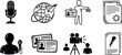 © DesignVectX - Black and white vector icons showing microphone stand, globe with paper plane, person holding id card, official certificate and video filming scene