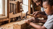 © Aurora Aesthetics - African american grandfather and grandson building birdhouse workshop family mentorship craft carpentry background copy space black men hobby manual labor