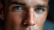 © Nataliya - Intense close-up of man's face, faceless dramatic portrait, emotional intensity, masculine features, strong expression, defocused background, with copy space