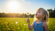 © O - Little girl blowing on a dandelion in a sunny field. Children making a wish and enjoying spring or summer outdoor leisure activity.
