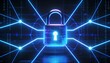 © Svitlana - Cyber defense system visualization with padlock in the center of digital network and glowing blue neon connections, futuristic cybersecurity technology, secure data protection and information safety