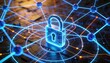 © Svitlana - Cyber defense system visualization with padlock in the center of digital network and glowing blue neon connections, futuristic cybersecurity technology, secure data protection and information safety