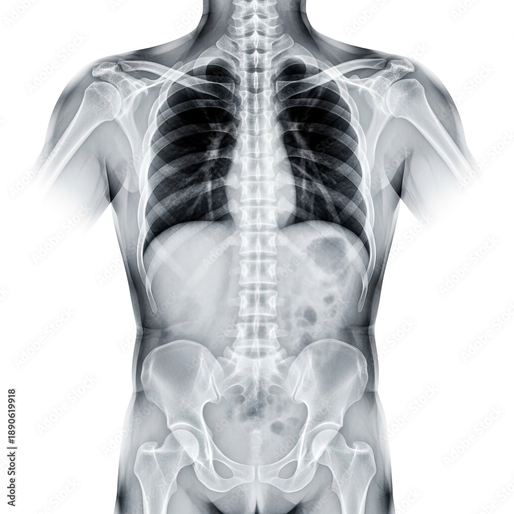 Detailed human torso X-ray showing spine, ribs, lungs, and pelvis ...