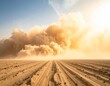 © Iranicka - Dust cloud over deserted road after explosion or disaster, thick smoke and debris in arid landscape, crisis and danger concept with copy space