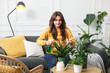 © New Africa - Woman spraying beautiful potted houseplant with water at home