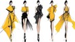 © mila103 - Five unique fashion sketches showcase a blend of yellow and black outfits highlighting elegant silhouettes and dramatic designs. The artwork captures the essence of contemporary fashion trends.