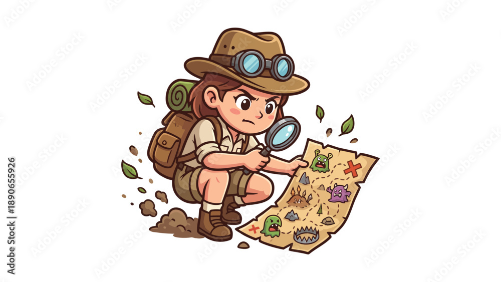 Cartoon explorer girl with magnifying glass examining a treasure map ...