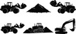 © SreeShontusChandra - Construction machinery silhouettes showing wheel loaders, excavators and bulldozers moving soil and gravel piles, isolated on white background for industrial engineering and building design use