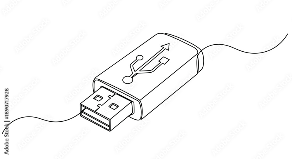 Line drawing of a USB flash drive connected to a cable on a transparent ...