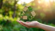 © Nur - Hand holding a paper-made recycle symbol against blurred, green background. Sunlight effect