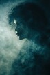 © Enjoy - Woman Dissolving Into Teal Blue Dust Cloud Against Dark Smoky Background Artistic Portrait