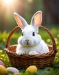 © Day - A white rabbit sitting in a brown wicker basket