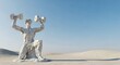 © K1drock - White marble statue of muscular man kneeling in sand lifting dumbbells under blue sky, minimal desert scene symbolizing strength