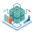© BlackVault Designs - Data pipeline and storage platform with cubes and nodes, API integration, ETL process, isometric cloud database vector illustration design