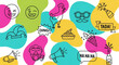 © Uzair - Colorful party icons and emojis on abstract shapes celebrating joy and excitement with speech bubbles and festive symbols