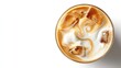 © Rinna - Top view close up of refreshing iced coffee latte featuring creamy milk swirls and cold ice cubes