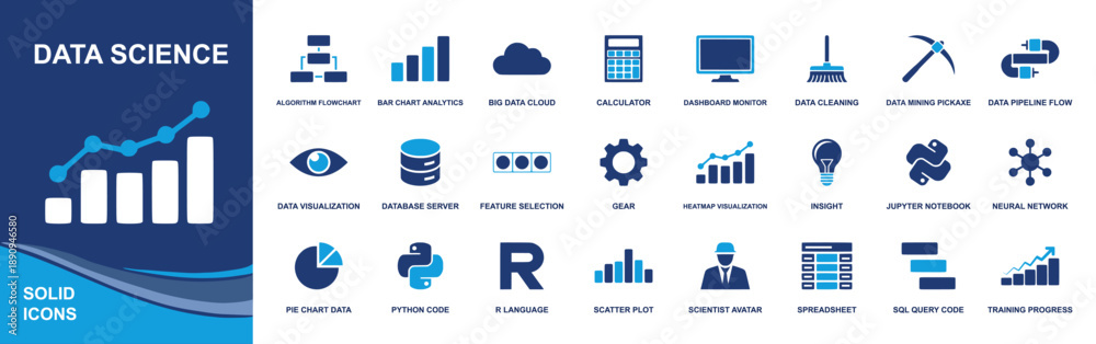 Data science icon set. Containing algorithm flowchart, big data cloud ...