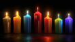 © Thiago - A vibrant display of seven colorful candles, each illuminated with a dancing flame, creating a warm and inviting atmosphere.