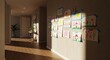 © twilight mist - Sunlight illuminates a hallway displaying numerous colorful children's drawings affixed to the wall