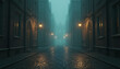 © Mujeeb - Foggy Victorian London street at night. Cobblestone road, gas lamps illuminate dark alleyways. Mysterious atmosphere suggests crime and intrigue, historical setting,  Victorian London Mystery / Gothic