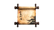 © Ikhsan - A vintage scroll with Asian-inspired landscape, dark wooden endcaps, and faded text