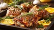 © Babb - Juicy roasted chicken thighs are garnished with fresh herbs and accompanied by sliced oranges on a wooden platter. Garlic and spices enhance the flavor creating a warm dinner scene.