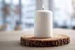 © Maxim Chaploutskiy  - White Candle Wooden Base Neutral Background Soft Cozy Minimalist Decor