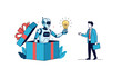 © Nur - Innovation gift concept showing robot emerging from present box and handing bright lightbulb idea to surprised businessman.