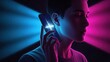 © Titah - Contemporary user interacting with smartphone for voice communication amidst vibrant digital neon