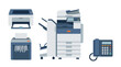 © mutoni - Professional office equipment vector set featuring a laser printer, large photocopier, paper shredder, and landline telephone isolated on white for business, corporate, and workplace concepts.
