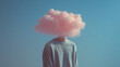 © Kiara - Mann mit rosa Wolke statt Kopf vor blauem Hintergrund – surreales Konzeptbild für Kreativität und Gedankenwelt