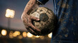 © Chanoknan - Muddy hand tightly holding worn soccer ball with dirty blue jersey in dimly lit stadium, showing determination and grit