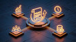 © Nizam - Glowing orange neon lights illuminate a central policy document connected to icons for growth time people and money in a modern digital business strat