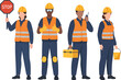 © firoz - Group of construction workers in safety vests and hard hats with tools and stop sign