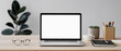 © kite_rin - Laptop computer with empty blank mockup screen over modern living room design panoramic banner. Advertisement, e-learning, shopping online, web site design, technology concept.