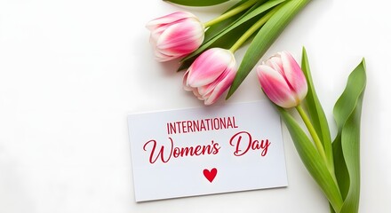  Happy international women's day greeting with pink tulips and card