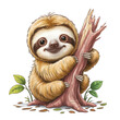 © Joanna Redesiuk - A cute sloth clings to a tree trunk with a friendly expression.