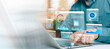 © ภัทรชัย รัตนชัยวงค์ - AI data analytics dashboard with interactive charts and graphs on laptop screen, showing business intelligence, performance data visualization, and artificial intelligence technology with copy space.