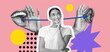 © Prostock-studio - A collection of images shows a person thinking. Hands gesture as if speaking, while an ear listens. Bright colors and shapes create a playful atmosphere focused on communication.